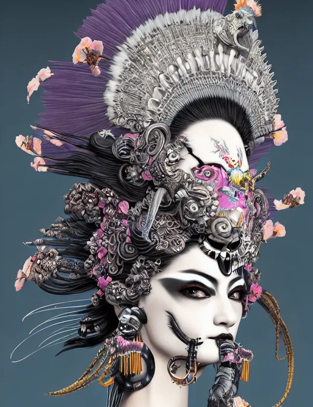 Image similar to 3 d goddess close - up profile portrait punk with mohawk in victorian style with ram skull. beautiful intricately detailed japanese crow kitsune mask and clasical japanese kimono. betta fish, jellyfish phoenix, bio luminescent, plasma, ice, water, wind, creature, artwork by tooth wu and wlop and beeple and greg rutkowski