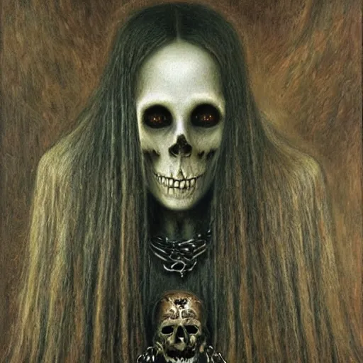 Prompt: a mysterious death goddess with black eyes and a skull necklace, moody, creepy, portrait, muted colors, highly detailed, intricate artwork, beautiful oil painting by Jean Delville