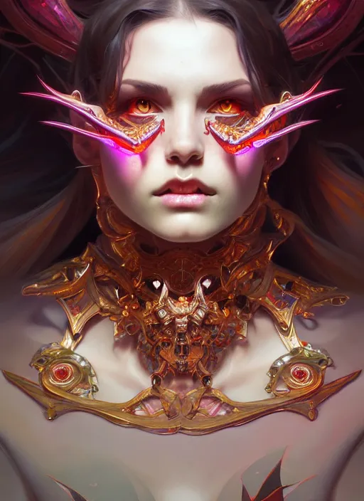 Image similar to hyper detailed ultra sharp of a beautiful devil girl. trending on artstation, dungeon, colorful, ornate, intricate, digital painting, concept art, smooth, sharp focus, illustration, art by artgerm and greg rutkowski and alphonse mucha, 8 k