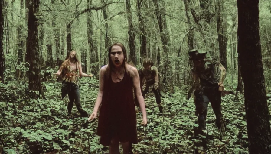 Image similar to 16 mm indie horror film about demons attacking people in the forest