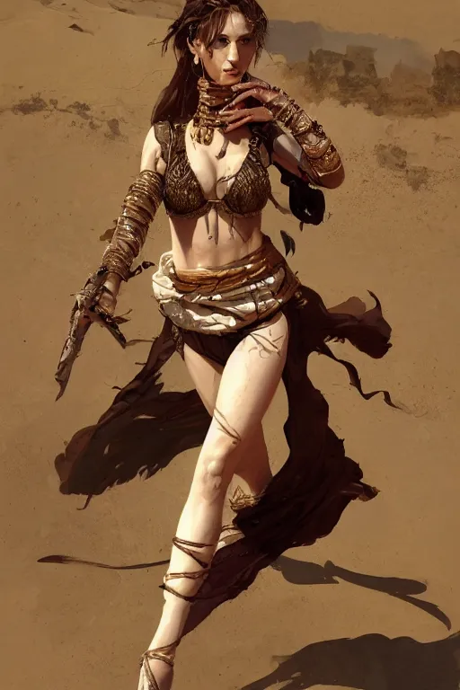 Image similar to a full body portrait of a beautiful post apocalyptic offworld desert bedouin thief savage rogue in ballet pose by the emerald oasis pools, intricate, elegant, highly detailed, digital painting, artstation, concept art, smooth, sharp focus, illustration, art by krenz cushart and artem demura and alphonse mucha