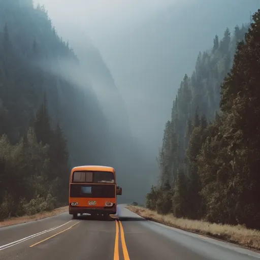 Prompt: bus on misty highway scene, the sun shining through the mountains