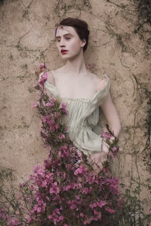 Prompt: a beautiful portrait photography of a female in beautiful dress by monia merlo, full body, fashion, romanticism, flowers, modern. model.