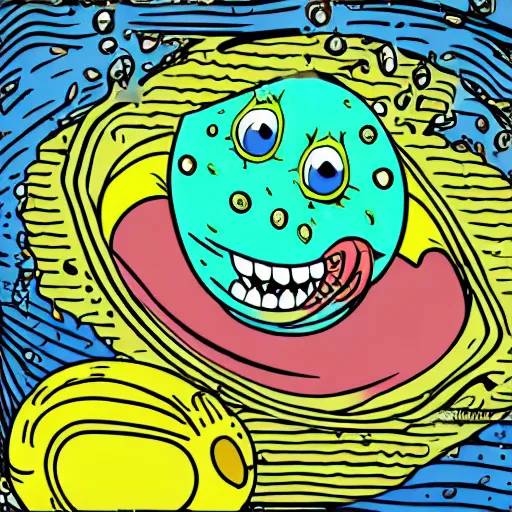 Prompt: pop - wonder - nft alien - meat half - tone - art of a sponge - bob - squidbilly wading through the goopy - muck and slithering about the castle side delights on a melted cheesy day in a hand - drawn vector, svg, cult - classic - comic - style