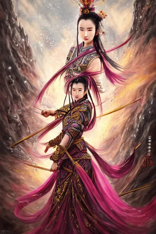 Prompt: beautiful ancient fantasy portrait of wuxia armored heroine Liu Yifei, Zhao Lu Si wearing like Xian Xia wardrobe, in forbidden City, hybrid from Dynasty Warriror, flowers sea rainning everywhere, intricate, very very beautiful, elegant, highly detailed, digital painting, beautiful glowing galaxy eyes, artstation, fantasy concept art, smooth, sharp focus, illustration, art by WLOP and alphonse mucha and tian zi