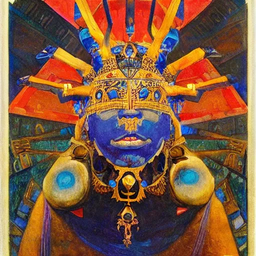 Image similar to the iron crown, by Annie Swynnerton and Nicholas Roerich and Diego Rivera, bioluminescent skin, elaborate costume, geometric ornament, symbolist, rich color, dramatic cinematic lighting, smooth, sharp focus, extremely detailed