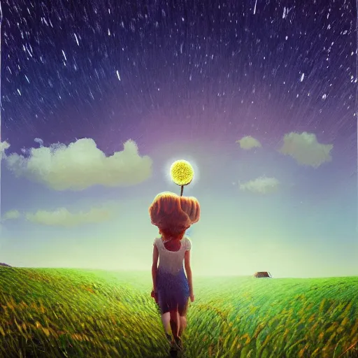 Image similar to giant daisy flower as a head, girl walking in wheat field, hills, surreal photography, moon light, dark night, star trails, dramatic light, impressionist painting, clouds, digital painting, artstation, simon stalenhag