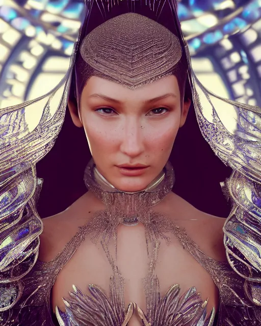 Prompt: a highly detailed metahuman 8 k close up render of bella hadid with a veil on her head and face renaissance in iris van herpen dress schiaparelli in diamonds crystals swarovski and jewelry iridescent in style of alphonse mucha trending on artstation made in unreal engine 4