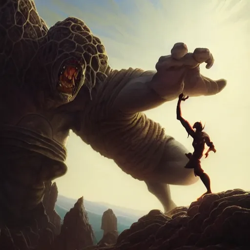 Prompt: highly detailed painting of stoya fighting a looming demigod, dramatic, sense of scale, stephen bliss, unreal engine, greg rutkowski, ilya kuvshinov, ross draws, hyung tae and frank frazetta, tom bagshaw, tom whalen, nicoletta ceccoli, mark ryden, earl norem, global illumination, god rays, windswept