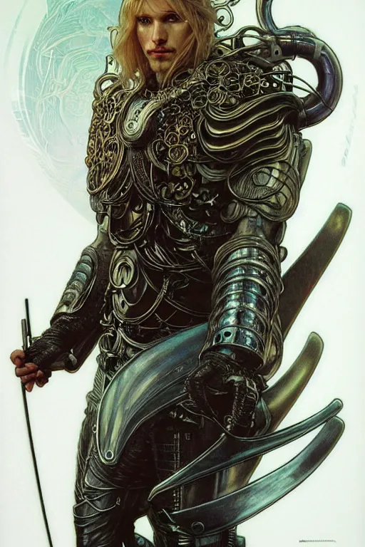 Prompt: realistic detailed portrait of a handsome futuristic viking character with element of alien cyberpunk armor by ayami kojima, amano, greg hildebrandt, alphonse mucha, and mark brooks, male, masculine, art nouveau, cyberpunk, neo - gothic, gothic, character concept design,