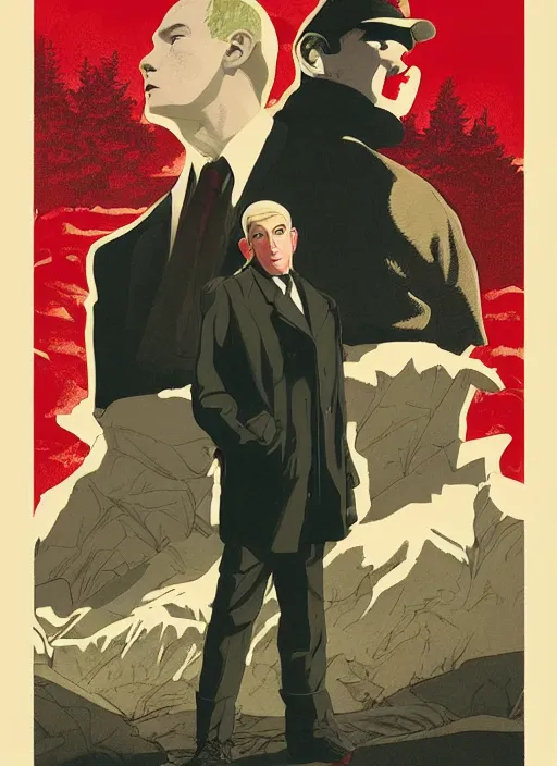 Prompt: Twin Peaks poster artwork by Michael Whelan, Bob Larkin and Tomer Hanuka, of a solo individual portrait of Eminem wearing a 1920s red striped outfit, dapper, simple illustration, domestic, nostalgic, full of details, by Makoto Shinkai and thomas kinkade, Matte painting, trending on artstation and unreal engine