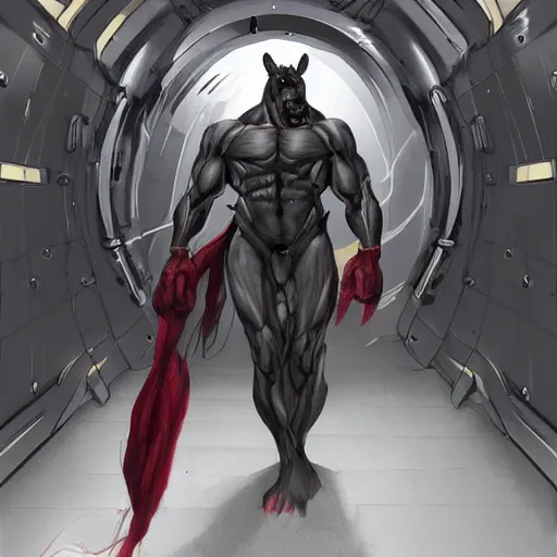 Prompt: a hulking musclebound male anthro horse wearing a tactical suit in a research facility, black suit with red highlights, exaggerated physique, highly detailed, anthro art, furaffinity, digital painting, artstation, sharp focus, smooth, concept art, illustration, art by artgerm, greg rutkowski, wlop