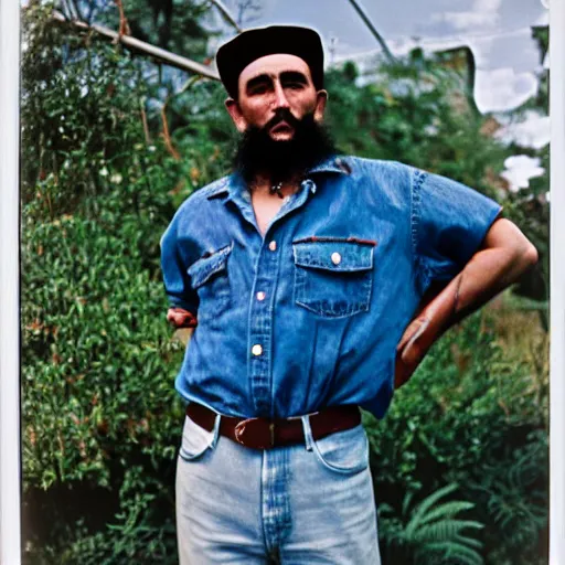 Image similar to fidel castro wearing denim shorts, full body portrait, 3 5 mm film, by nan goldin