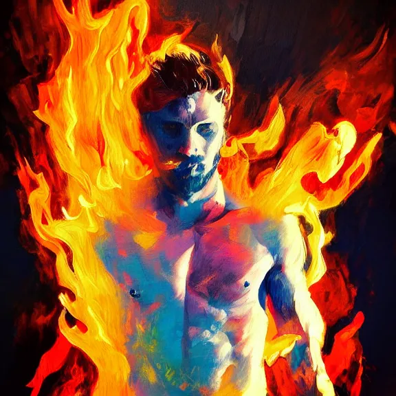 Image similar to abstract painting of man on fire. Handsome. Long hair. portrait. ArtStation. Impressionist. Painful.