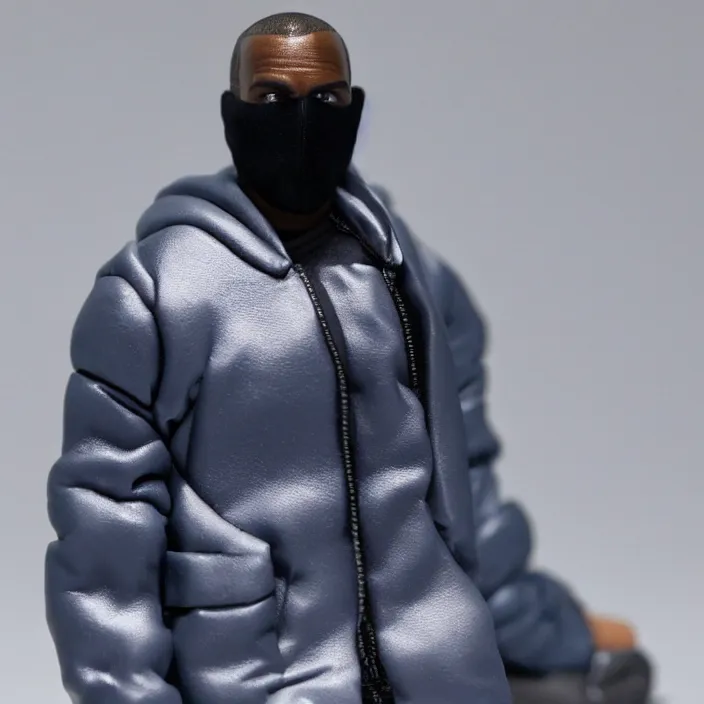 Image similar to a action figure of kanye west using a full face covering black mask, a small, tight, undersized reflective bright blue round puffer jacket made of nylon, dark jeans pants and big black balenciaga rubber boots, figurine, detailed product photo