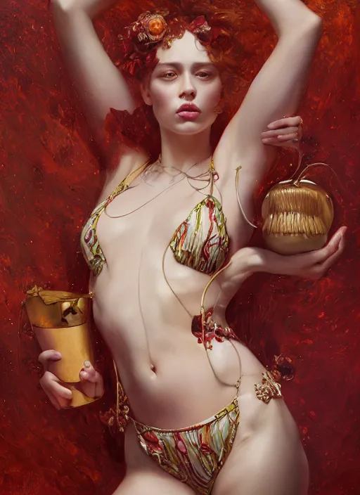 Image similar to highly detailed oil painting | very intricate | cinematic lighting | award - winning | strawberry cheese cake bikini fashion by alexander mcqueen | by roberto ferri, by tom bagshaw, by j. c. leyendecker and klimt, american romanticism, by austin osman spare, artstation, cgsociety, official art, octane