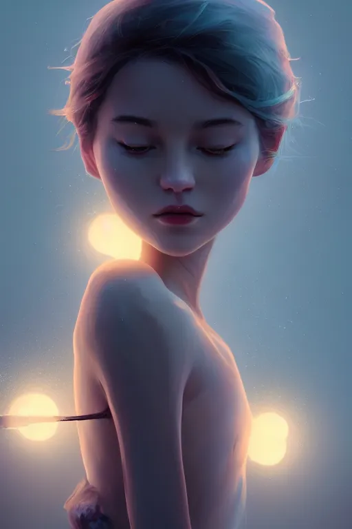 Image similar to Bioluminescent, Her breath shot a haze of steam out into the frosty morning air concept, soft light, soft mood, realistic body features and face, illustration, painting oil on canvas by Elena Zhurikhina and Goro Fujita and Charlie Bowater, octane render trending on artstation, 4k, 8k, HD