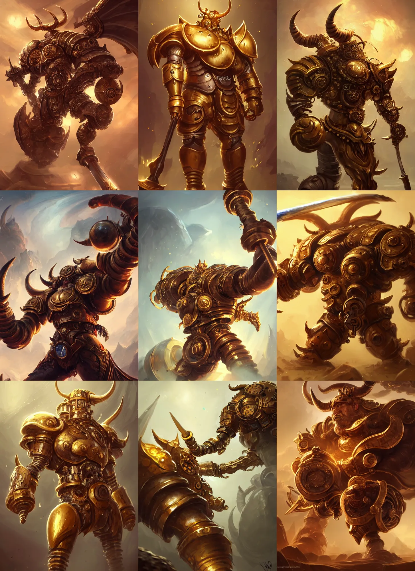 Prompt: a highly detailed illustration of gentle mighty colossal golden fighting horned mechanical steampunk titan with a hammer hand and a sword hand, with cute doting eyes, intricate, elegant, highly detailed, centered, digital painting, artstation, concept art, smooth, sharp focus, league of legends concept art, wlop.