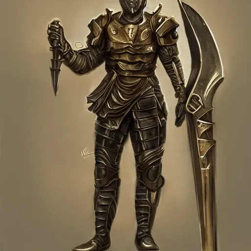Image similar to Full body portrait of a futuristic super-soldier wearing roman style mechanized body armor and wielding a gold-slaying sword, D&D, fantasy, elegant, hopeful, muscular, gothic, futuristic, intelligent, highly detailed, digital painting, artstation, concept art, smooth, sharp focus, illustration