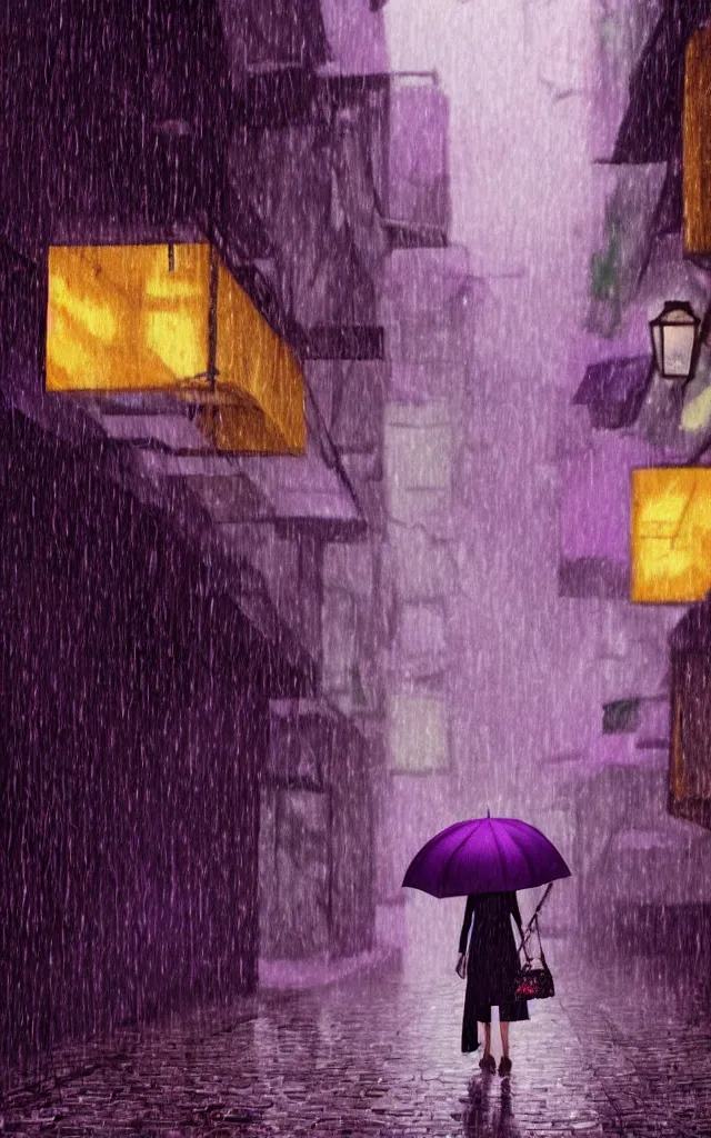 Prompt: a woman holding a purple umbrella walking on the wet street on a rainy night in a hong kong alley way by makoto shinkai and by wes anderson. dramatic lighting. cel shading.