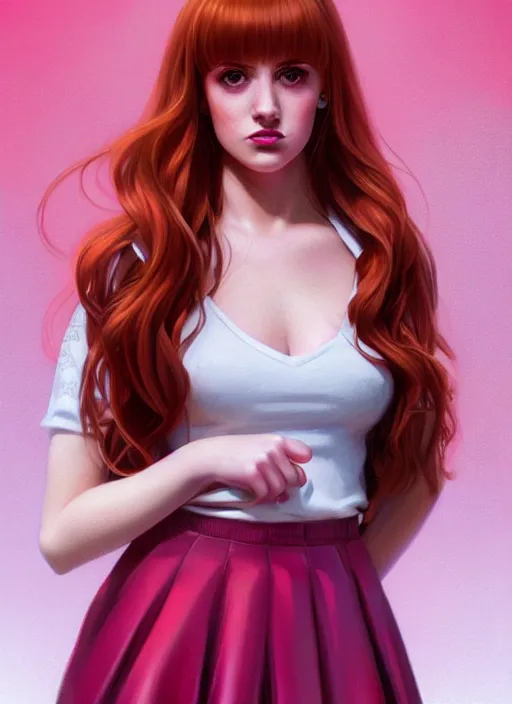 Prompt: full body portrait of teenage cheryl blossom, bangs, green eyes, sultry expression, red hair, sultry smirk, bangs and wavy hair, pink skirt, bangs, intricate, elegant, glowing lights, highly detailed, digital painting, artstation, concept art, smooth, sharp focus, illustration, art by wlop, mars ravelo and greg rutkowski