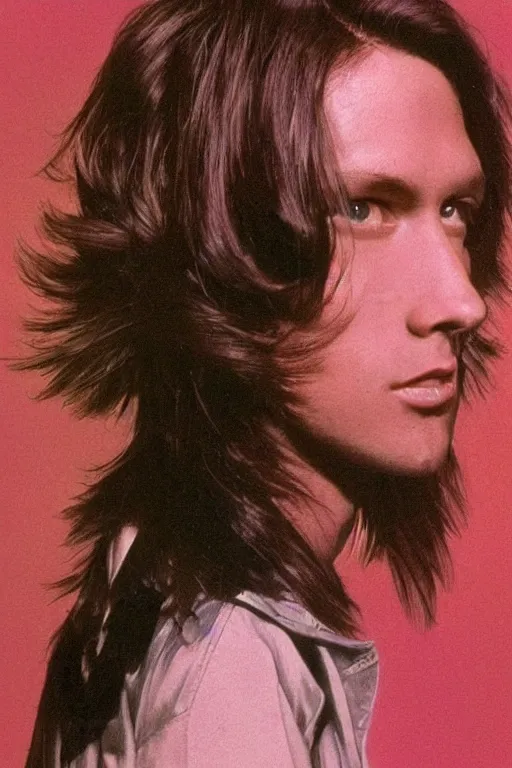 Image similar to an original beeple digital art portrait of a typical member of generation x, in the style of a 1 9 8 0's glamour shot, beautiful flowing mullet hairstyle