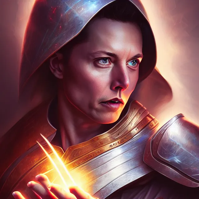 Image similar to elon musk cleric warrior with light powers, highly detailed, 4 k, hdr, smooth, sharp focus, high resolution, award - winning photo, artgerm, photorealistic