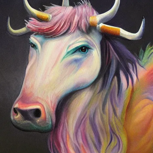 Image similar to A Bufficorn, a mythical animal which is half buffalo, half Unicorn. painting