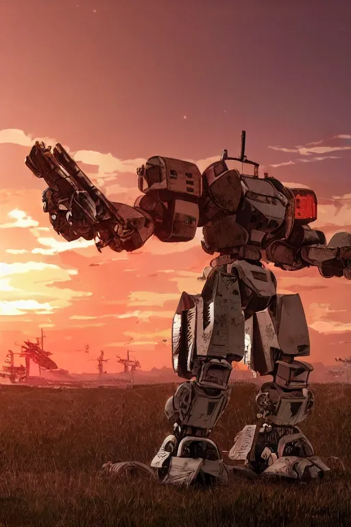 Image similar to A real photo of Samurai Mechwarrior Robot and the sunset in the distance, by Josan Gonzalez, Yoji Shinkawa and Geof Darrow, highly detailed, Unreal Engine Render, 3D, 8k wallpaper