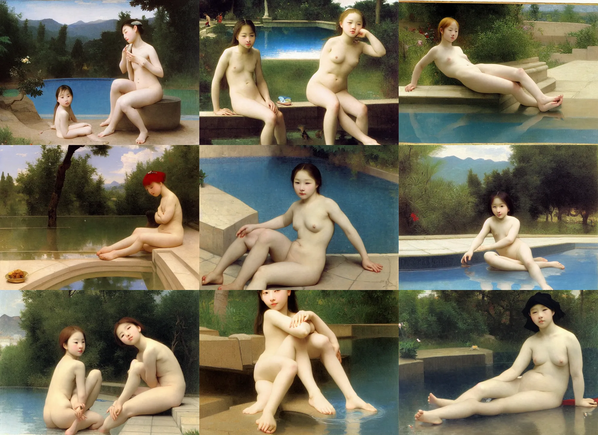 Prompt: young korean blond girl sit at edge of pool, bouguereau