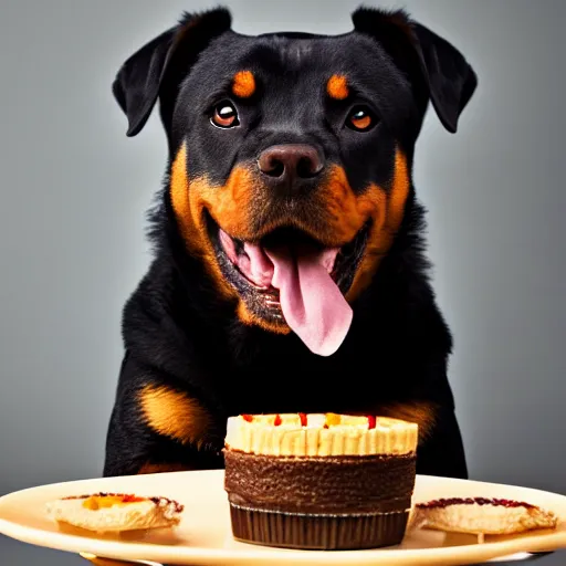 Prompt: a high - quality photo of a cute rottweiler with a half - eaten birthday cake, 4 5 mm, f 3. 5, sharpened, iso 2 0 0, raw, food photography