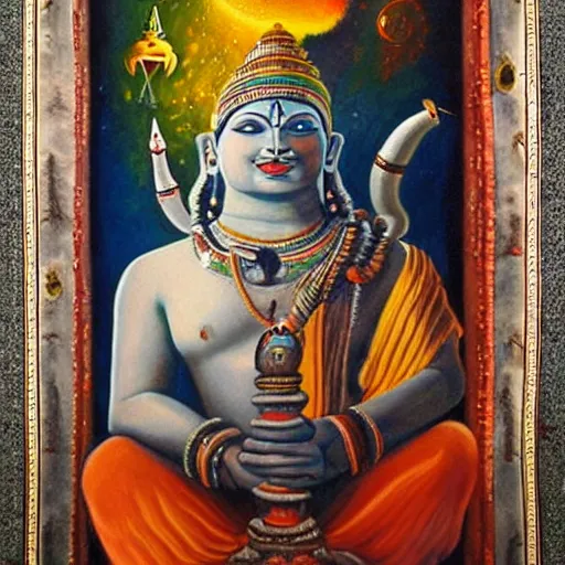 Image similar to Epic wide angle portrait of Shiva emerging from a lingam shaped rocket ship, oil painting