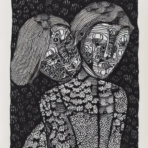 Prompt: lovers, detailed intricate block print, 4k, black ink on white paper