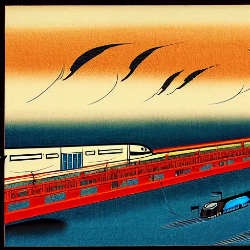 Prompt: high speed train in india against a giant rising sun, ukiyo - e style, lithograph, textile print, indian flag, indian scripts