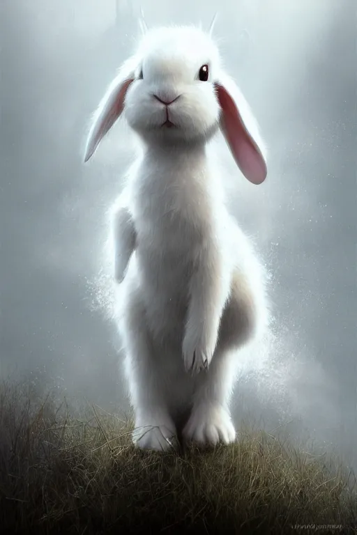 Image similar to white bunny with black spots on face and nose, realistic and ultra intricate detailed soft painting, volumetric lighting, mist, cityscape background, Artstation, Tom Bagshaw Yasushi Nirasawa Moebius artstyle, unreal render, depth of field ,