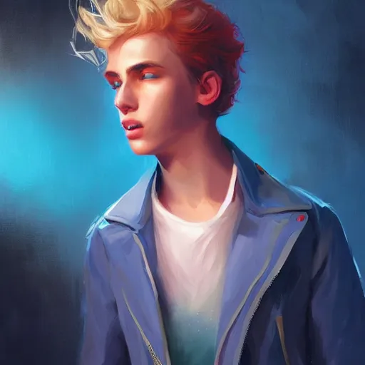 Image similar to colorful and Festive Captivating young boy with wavy blonde hair, navy blue jacket and blue shorts. rich vivid colors, ambient lighting, dynamic lighting, 4k, atmospheric lighting, painted, intricate, highly detailed by Charlie Bowater