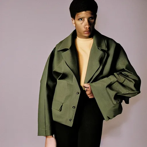 Image similar to realistic photoshooting for a new balenciaga lookbook, color film photography, portrait of a beautiful woman, model is wearing a workwear jacket, photo in style of tyler mitchell, 3 5 mm,