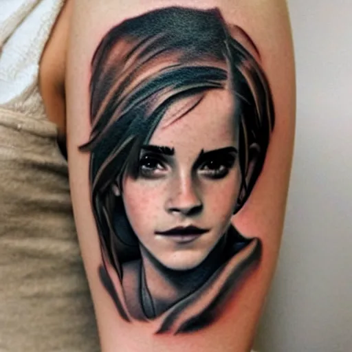 Prompt: girl with tattoo of emma watson on arm back