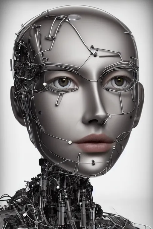 Image similar to robot with human face, female head, full body angle, woman human face, human face realistic, beautiful blonde hair, human head, human head with blonde hair, blonde hair human head, blonde hair, human realistic face, human head skin, cyborg frame concept, cyborg by ales-kotnik, sci-fi android female, the body is made of wires, robotic body, cyborg body, cyborg bust body, robot body cyborg, full body