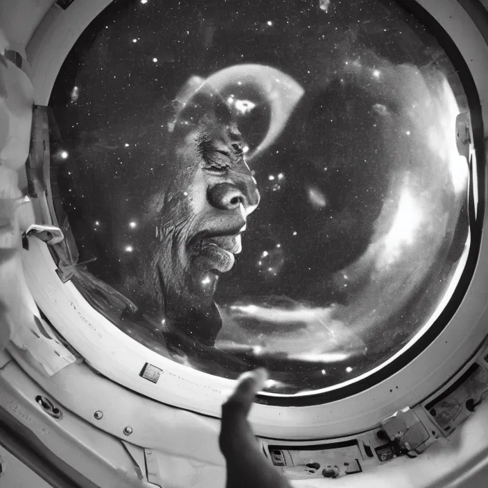 Prompt: analogue photo of an African tribal chief looking at planet earth out the porthole window of a spaceship, close-up, photographed from behind, NASA, photo shot by martha cooper, 35mm,