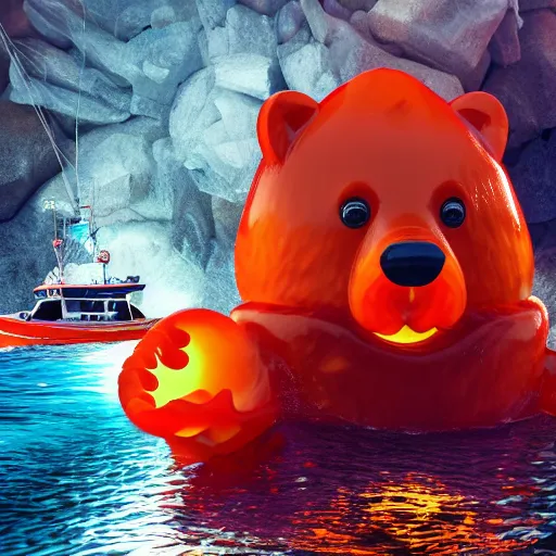 Image similar to life - sized gummi bear going deep sea fishing in a convertible sportfisherman boat. he is fishing for swedish fish candy and using gummi worm candy as bait. photorealistic digital art, epic fantasy, dramatic lighting, cinematic, extremely high detail, cinematic lighting, trending, artstation, cgsociety, 3 d ue 5, 4 k, hq