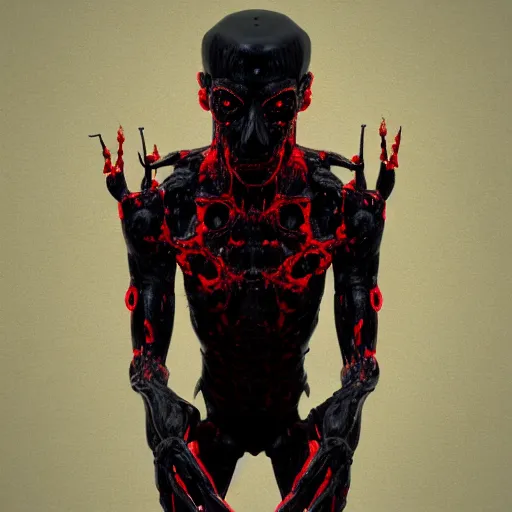 Image similar to octane render of a body horror humanoid, sharp dark shadows, black and red color palette by trevor henderson and junji ito