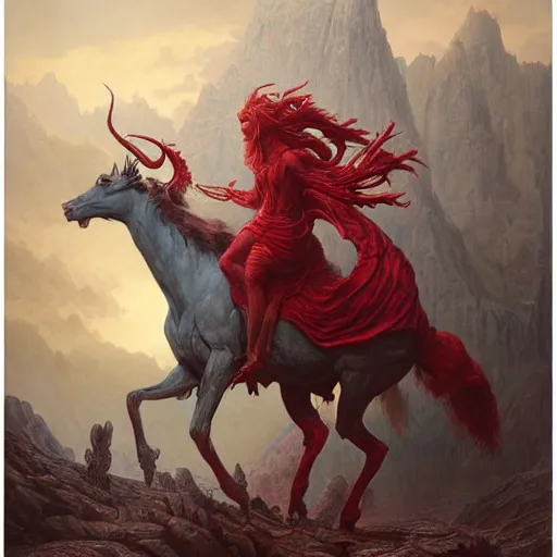 Image similar to a masterpiece! matte painting portrait of a scarlet - colored beast with seven ( 7 ) heads and ten ( 1 0 ) horns by gustave dore and stephen hickman and allen williams, trending on artstation, cgsociety, 8 k hd, earthtone colors, a cloaked woman riding the back of the beast