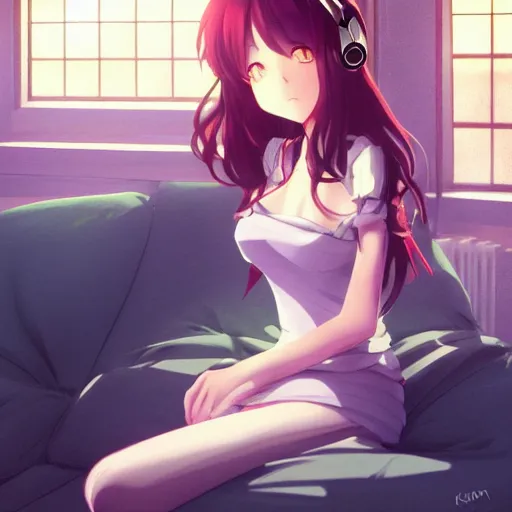 Image similar to anime beautiful girl sits on the sofa and listens to music, the sun shines through the window, clear face, beautiful body, dream light, focus on the face, highly detailed, 8 k, pixiv, concept art, in style of kyoto animation, by cushart krenz