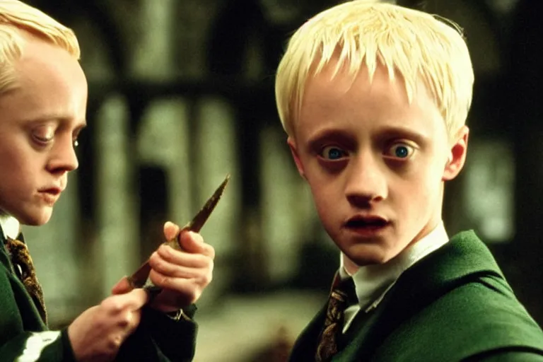 Image similar to film still Macaulay Culkin as Draco Malfoy wearing hogwarts uniform in Harry Potter movie