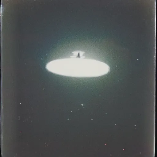 Image similar to a ufo flying at night, blurry photo, historical photo, old polaroid, expired film,