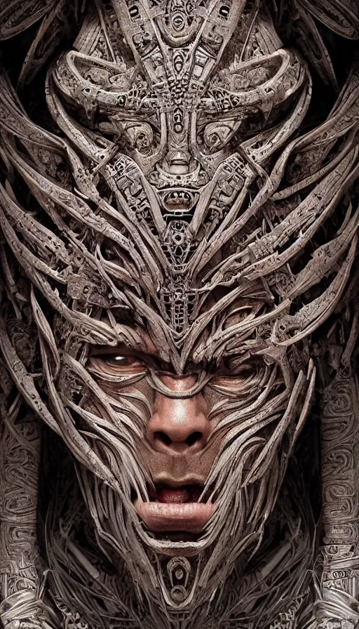 Image similar to ancient biomechanical hybrid aztec fantasy beautiful cyber warrior symmetrical human face immortal mask tattoo pattern concept, teonanacatl glyph, intricate artwork by, Johnatan Wayshak, Zdizslaw Beksinski, face by Artgerm, H.R. Giger, very coherent artwork, cinematic, hyper realism, high detail, octane render, unreal engine, 8k, High contrast, higly detailed black ink outline, crosshatch sketch gradient