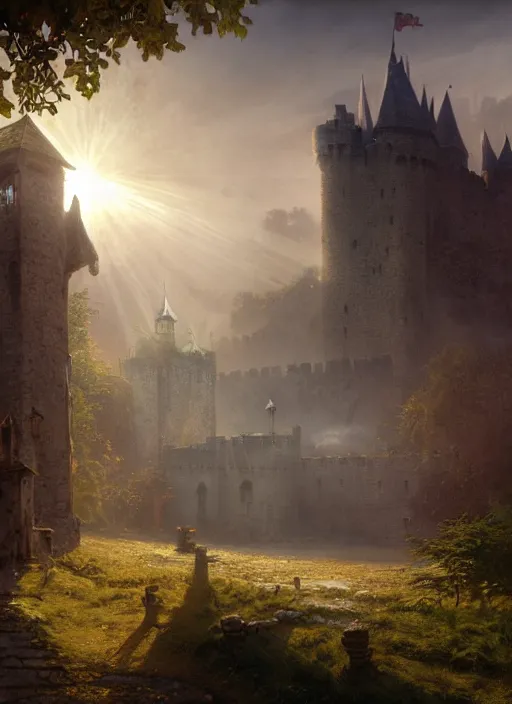 Image similar to small poor medieval castle, mist, sunrays, dust in the air, dnd character, unreal engine, octane render, dramatic lighting, pond, digital art, by stanley artgerm lau, greg rutkowski, thomas kindkade, alphonse mucha, loish, norman rockwell,