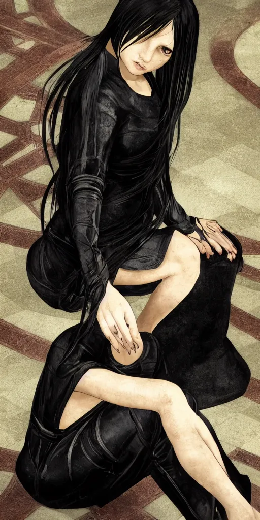 Image similar to photo of lonely young girl with straight long black hair wearing black dress and sitting on bathroom floor, photo made by vanessa beecroft, render by artgem and alphonse mucha for capcom co, resident evil