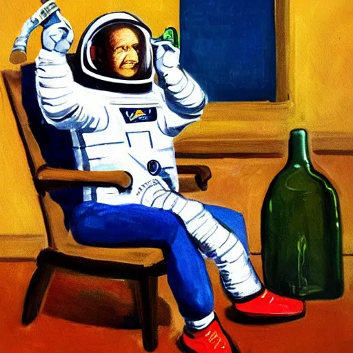 Image similar to astronaut relaxing on a chair with a bottle in the style of albright, ivan